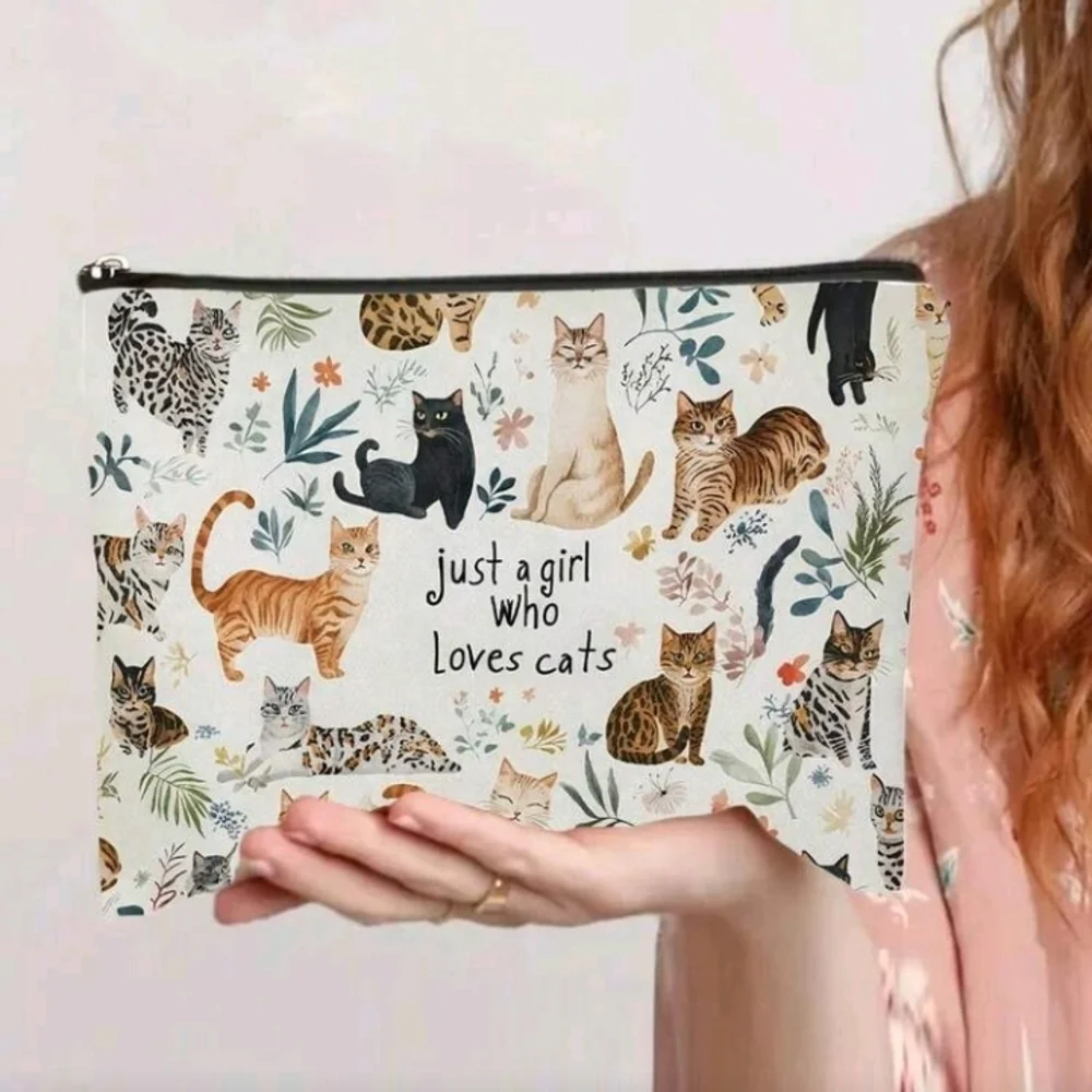 Just A Girl Who Loves Cats Canvas Zipper Pouch Cat Print Cat Lover Purse